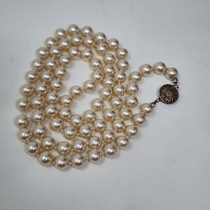 Vintage Single Strand Glass Pearl Necklace with Sterling Silver Ornate Clasp